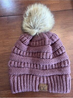 C.C Mauve Knit Pom Beanie with Faux Fur Pom - Mauve and Tan